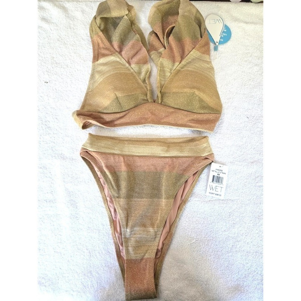 NWT Wet LA S Metallic Stripe Ruffle Swim Set Bikini Top Bottom 128486